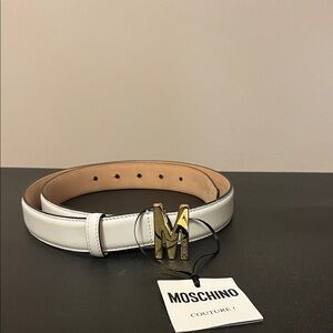 Moschino White Leather Belt with Gold M Buckle